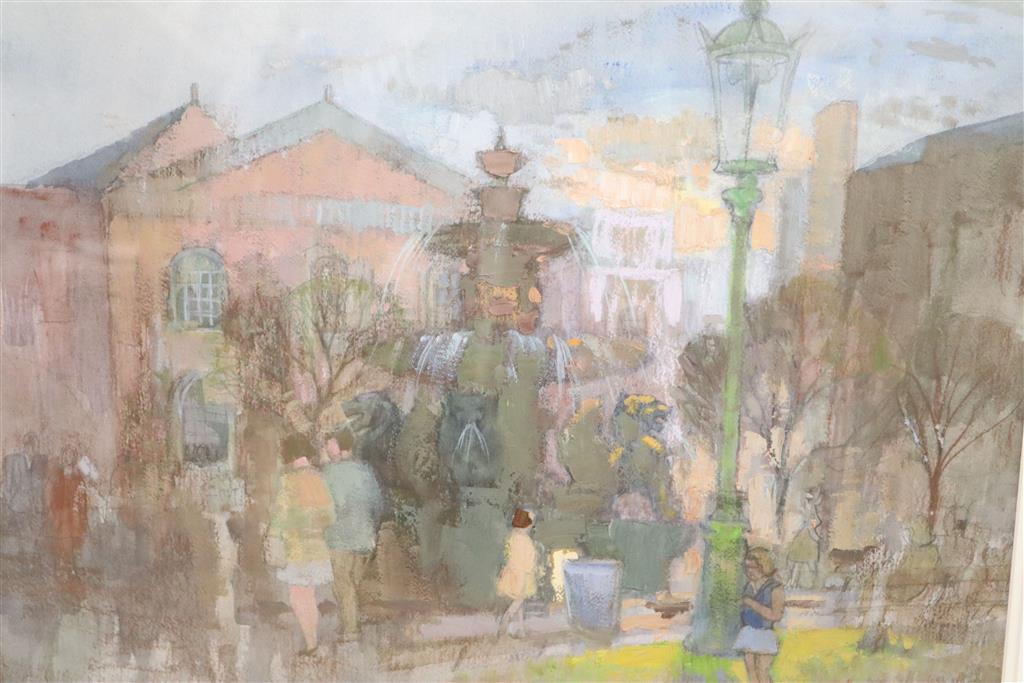 Frederick Wills (1901-1993), gouache, Figures in a town square, Hicks Gallery label verso, 37 x 52cm
